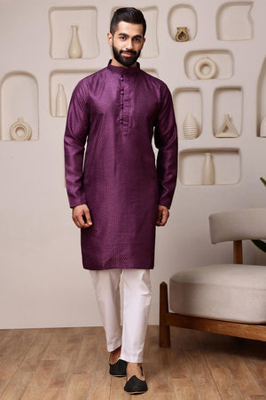 Mens Wine Sequin with Embroidered Cotton Blend Kurta Set (ACA9661)