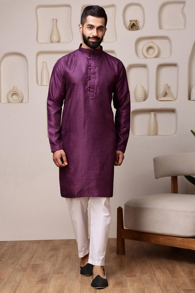 Mens Wine Sequin with Embroidered Cotton Blend Kurta Set (ACA9661)