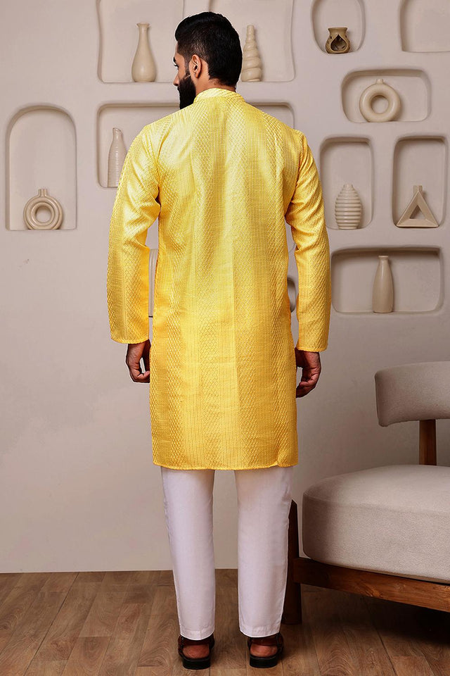 Mens Yellow Sequin with Embroidered Cotton Blend Kurta Set (ACA9662)