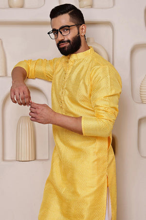 Mens Yellow Sequin with Embroidered Cotton Blend Kurta Set (ACA9662)