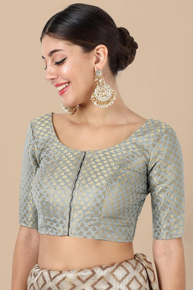 Grey Jacquard Woven Banarasi Silk Blouse (ACA9663)