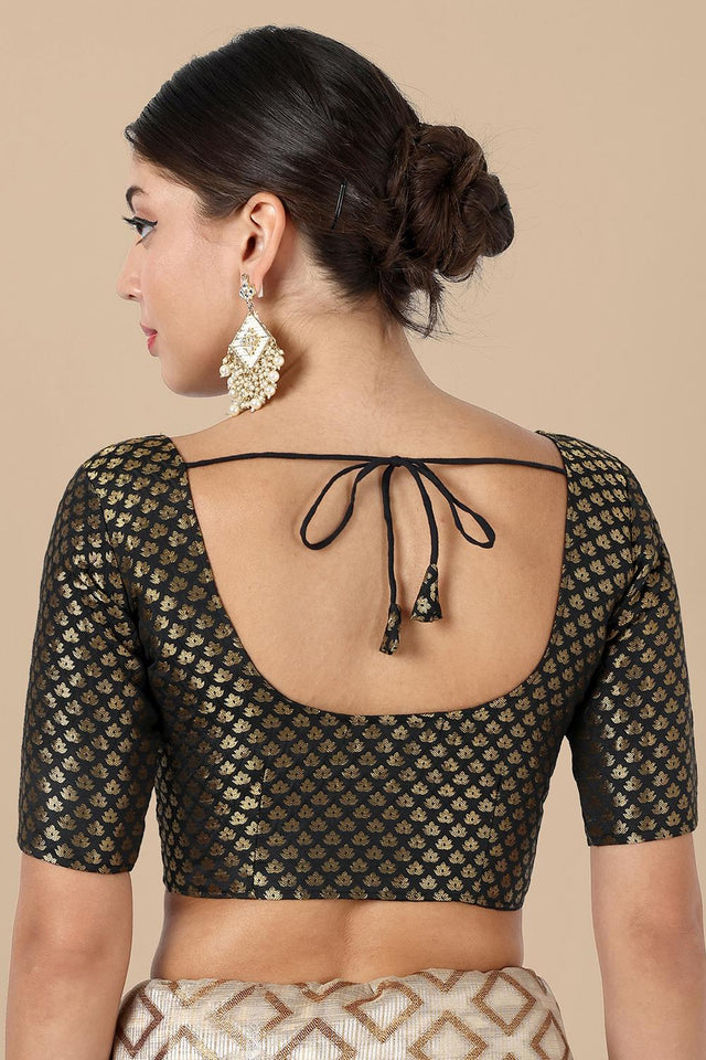 Black Jacquard Woven Banarasi Silk Blouse (ACA9665)