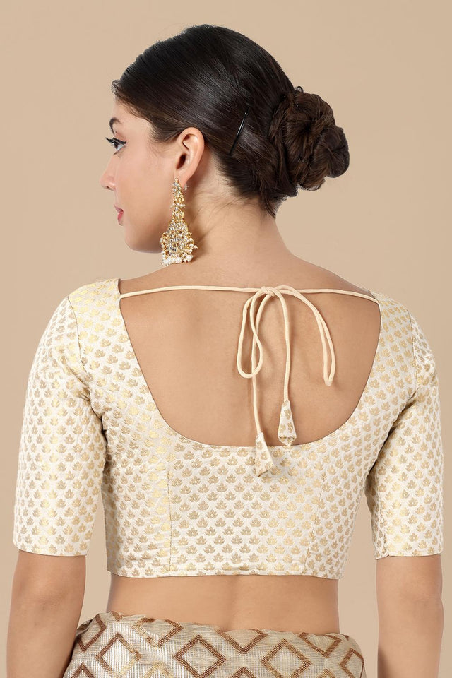 Off White Jacquard Woven Banarasi Silk Blouse (ACA9668)