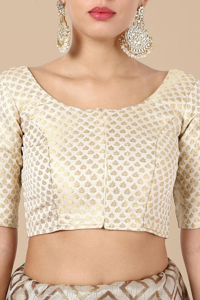 Off White Jacquard Woven Banarasi Silk Blouse (ACA9668)