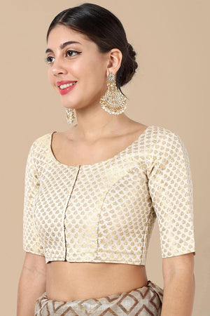 Off White Jacquard Woven Banarasi Silk Blouse (ACA9668)