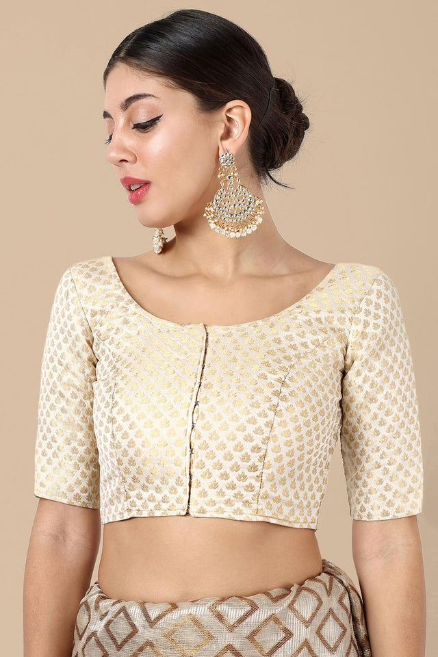 Off White Jacquard Woven Banarasi Silk Blouse (ACA9668)