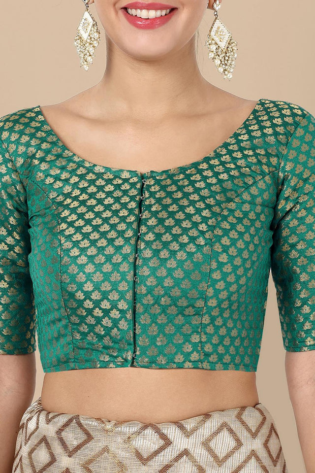 Turquoise Jacquard Woven Banarasi Silk Blouse (ACA9670)