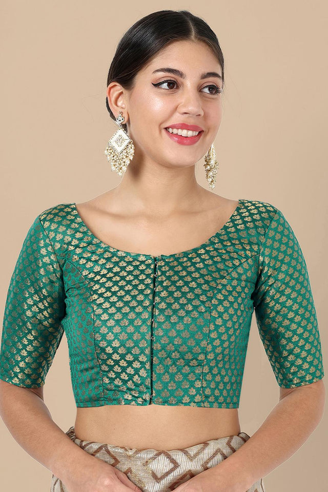 Turquoise Jacquard Woven Banarasi Silk Blouse (ACA9670)