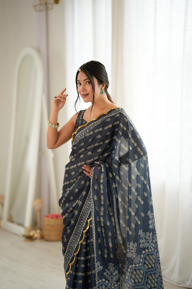Grey Floral Printed with Mirror Border Chinon Saree (ACA9673)