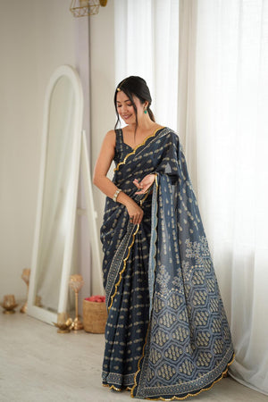 Grey Floral Printed with Mirror Border Chinon Saree (ACA9673)