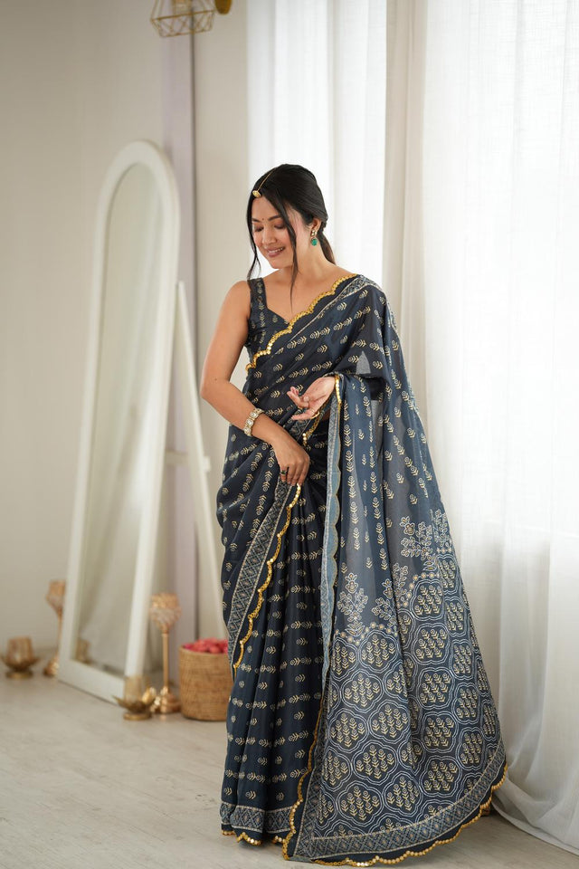 Grey Floral Printed with Mirror Border Chinon Saree (ACA9673)
