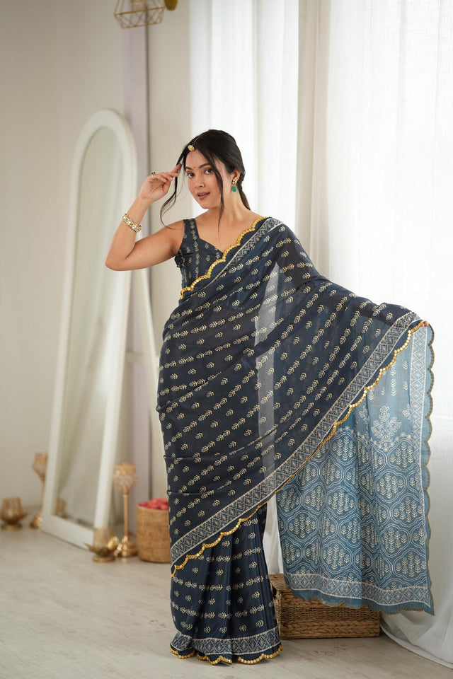 Grey Floral Printed with Mirror Border Chinon Saree (ACA9673)