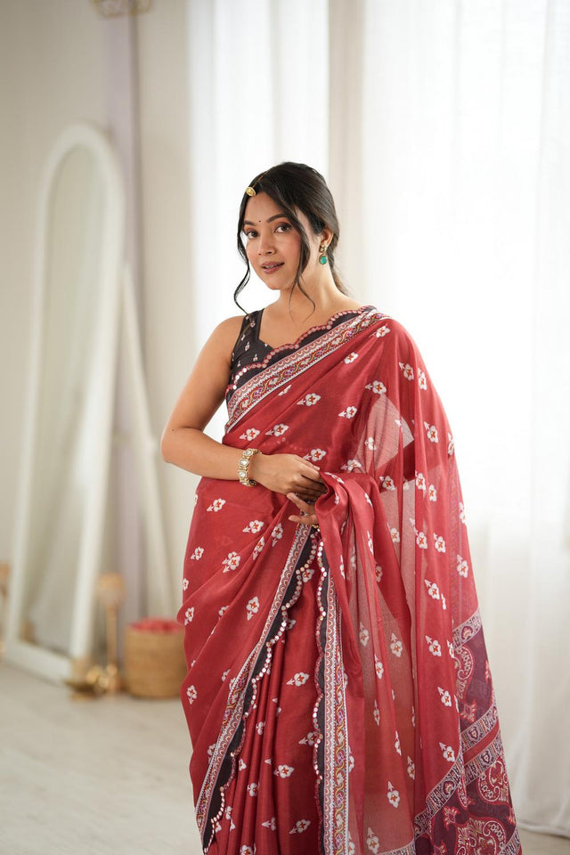 Rust Floral Printed with Mirror Border Chinon Saree (ACA9674)