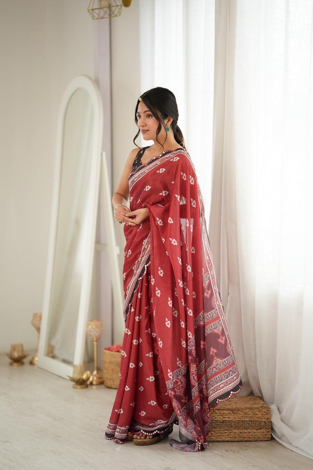 Rust Floral Printed with Mirror Border Chinon Saree (ACA9674)