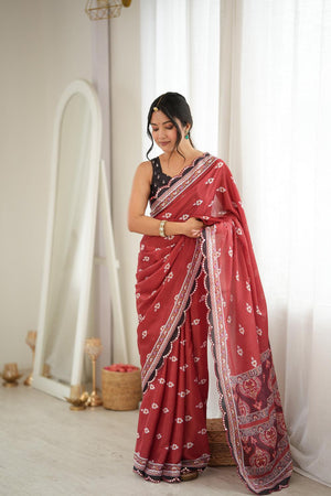 Rust Floral Printed with Mirror Border Chinon Saree (ACA9674)