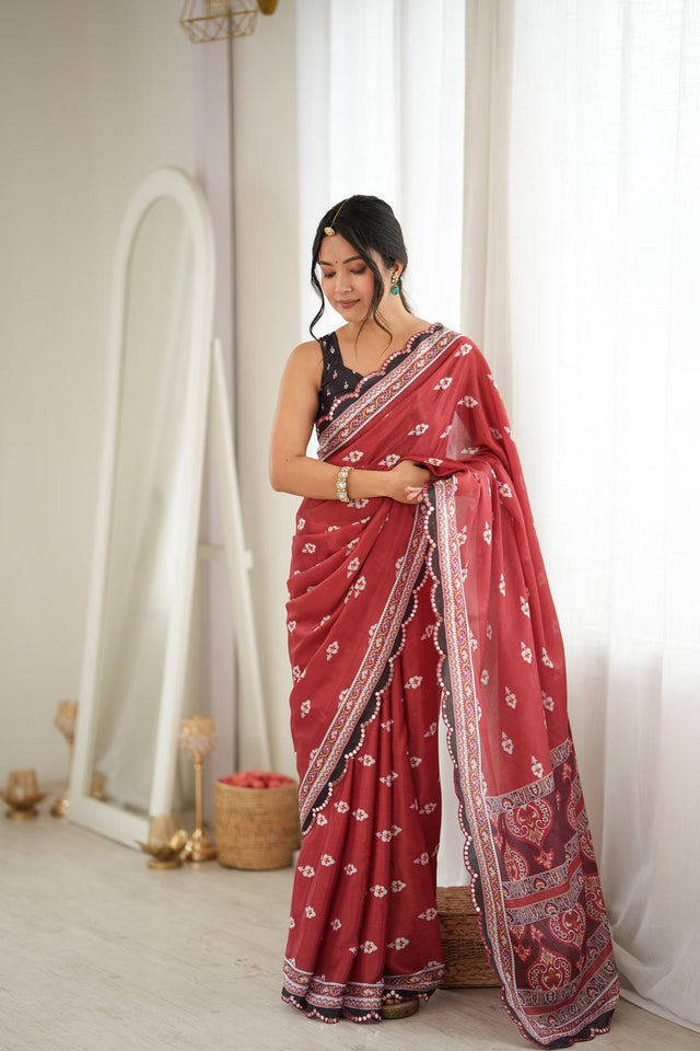 Rust Floral Printed with Mirror Border Chinon Saree (ACA9674)