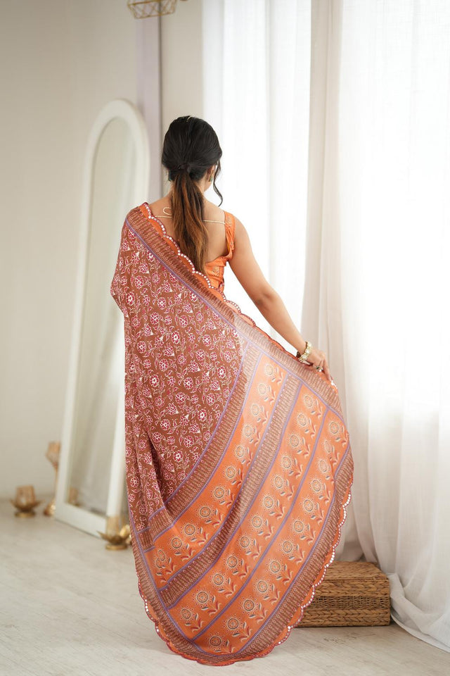 Orange Floral Printed with Mirror Border Chinon Saree (ACA9675)