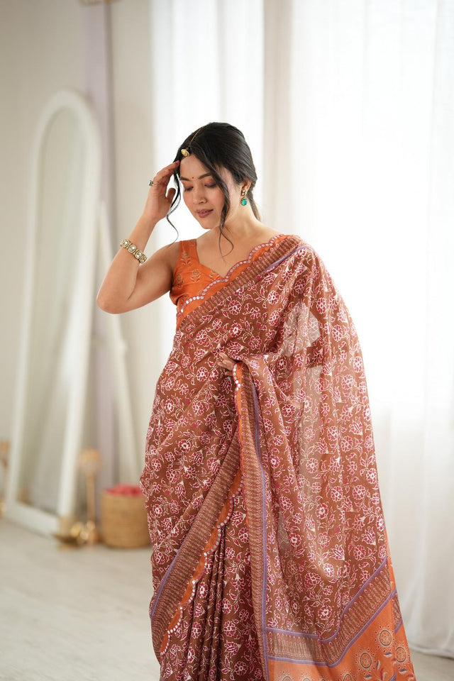 Orange Floral Printed with Mirror Border Chinon Saree (ACA9675)