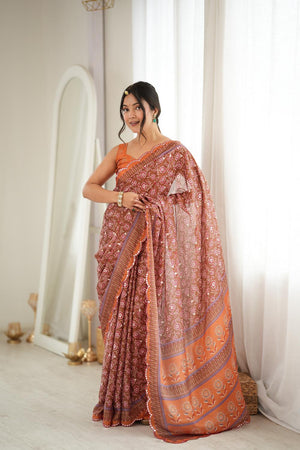 Orange Floral Printed with Mirror Border Chinon Saree (ACA9675)