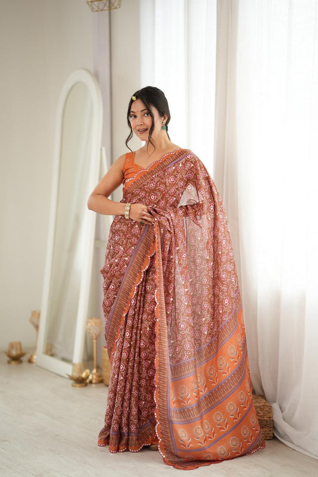 Orange Floral Printed with Mirror Border Chinon Saree (ACA9675)