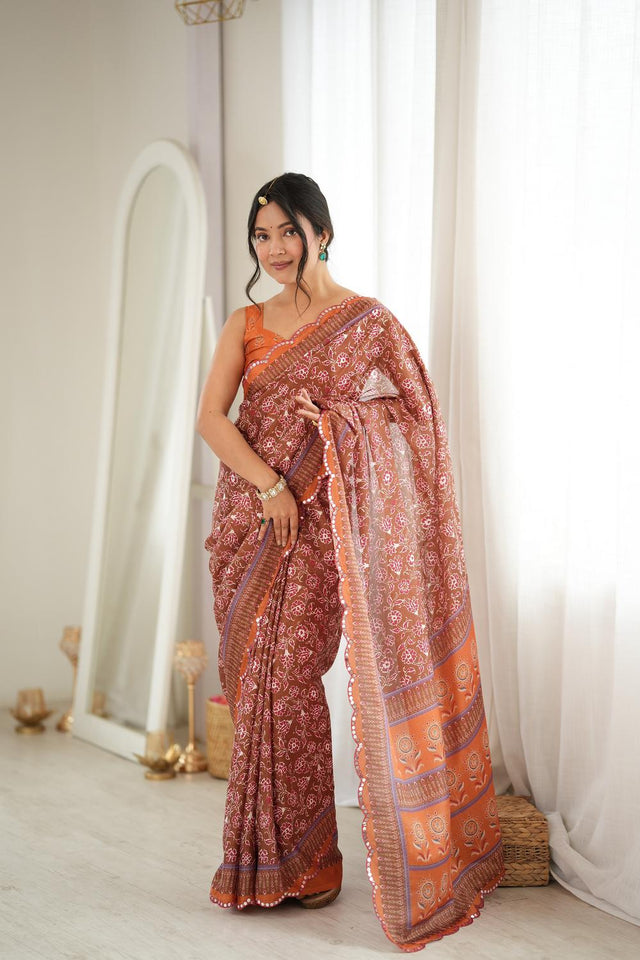 Orange Floral Printed with Mirror Border Chinon Saree (ACA9675)