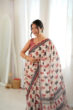 Multi Color Printed with Mirror Border Chinon Saree (ACA9676)