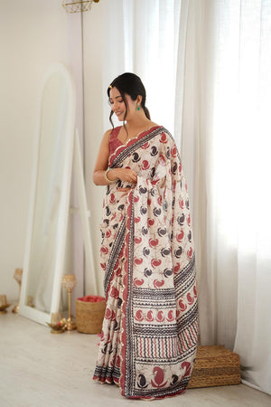 Multi Color Printed with Mirror Border Chinon Saree (ACA9676)