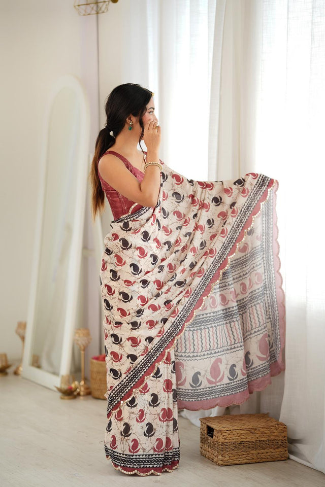 Multi Color Printed with Mirror Border Chinon Saree (ACA9676)
