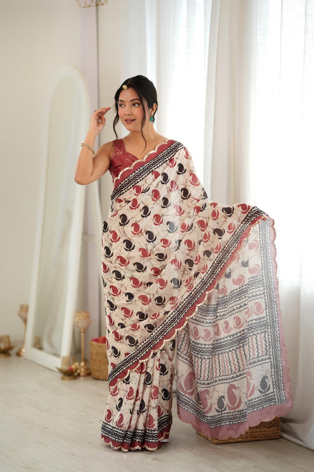 Multi Color Printed with Mirror Border Chinon Saree (ACA9676)