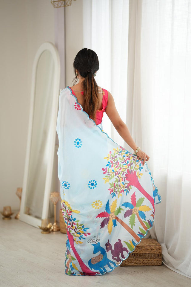 Blue Printed with Mirror Border Chinon Saree (ACA9677)