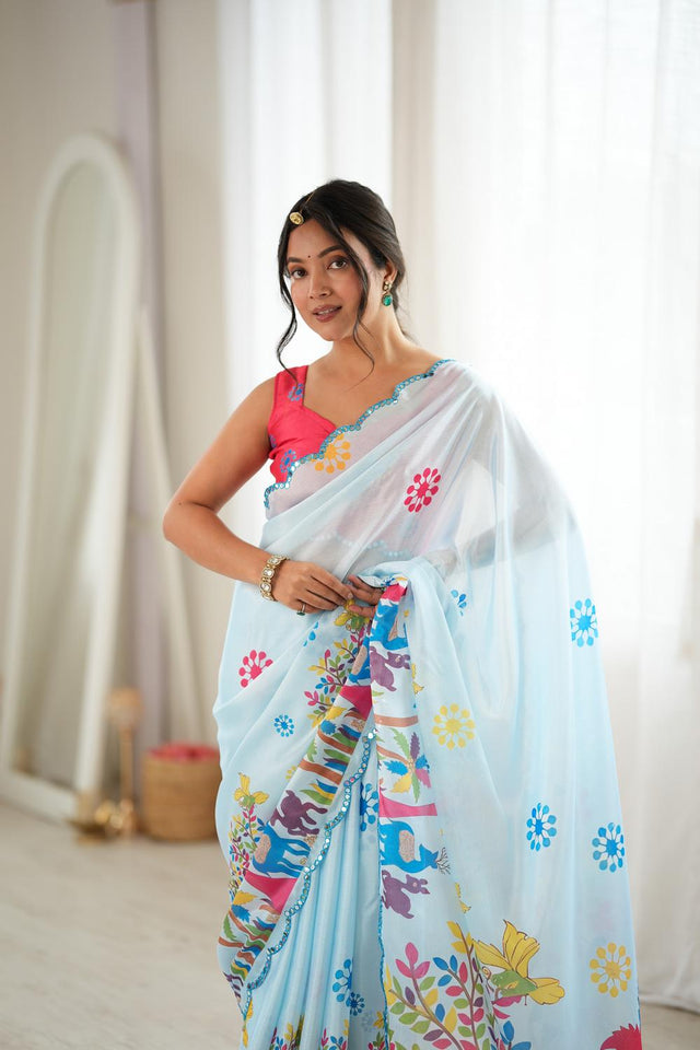 Blue Printed with Mirror Border Chinon Saree (ACA9677)