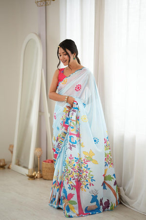 Blue Printed with Mirror Border Chinon Saree (ACA9677)