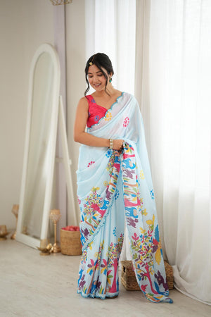 Blue Printed with Mirror Border Chinon Saree (ACA9677)