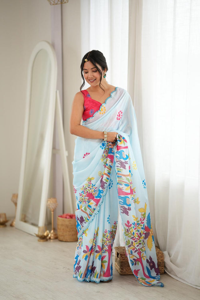 Blue Printed with Mirror Border Chinon Saree (ACA9677)