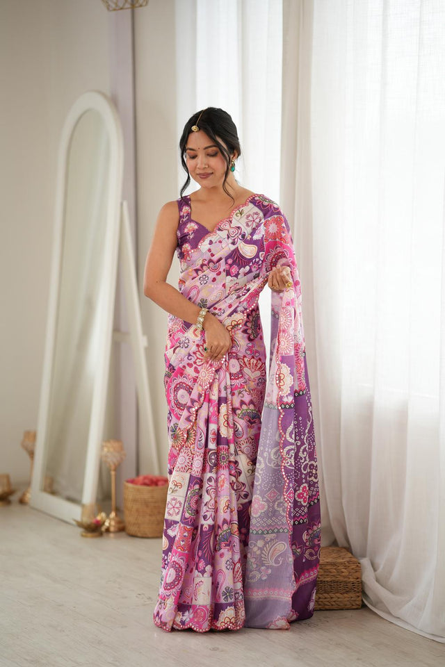 Purple Printed with Mirror Border Chinon Saree (ACA9678)