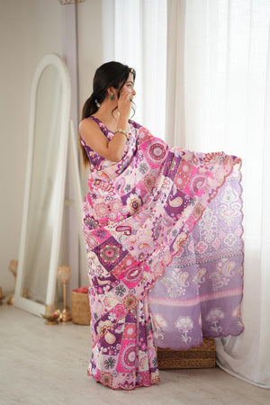 Purple Printed with Mirror Border Chinon Saree (ACA9678)