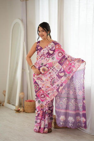 Purple Printed with Mirror Border Chinon Saree (ACA9678)