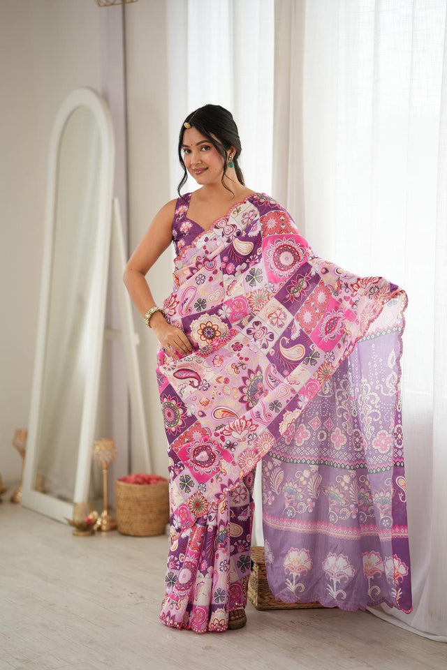 Purple Printed with Mirror Border Chinon Saree (ACA9678)