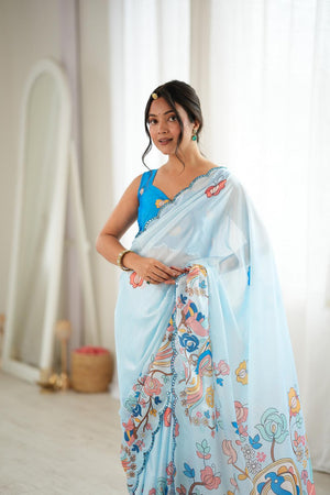 Blue Floral Printed with Mirror Border Chinon Saree (ACA9679)
