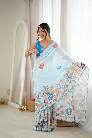 Blue Floral Printed with Mirror Border Chinon Saree (ACA9679)