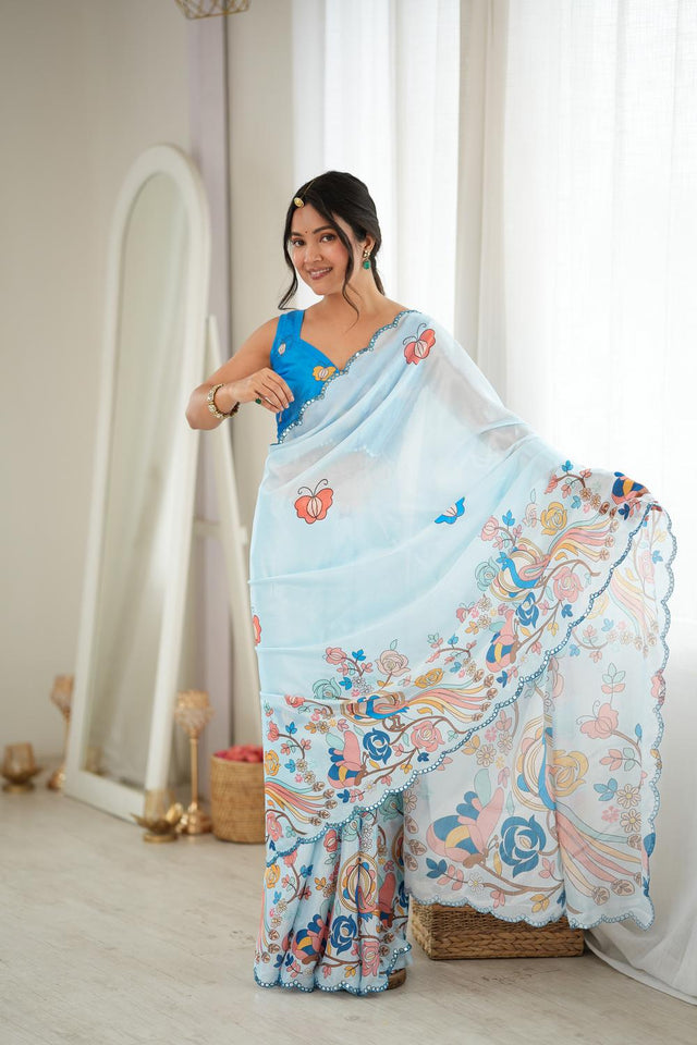 Blue Floral Printed with Mirror Border Chinon Saree (ACA9679)