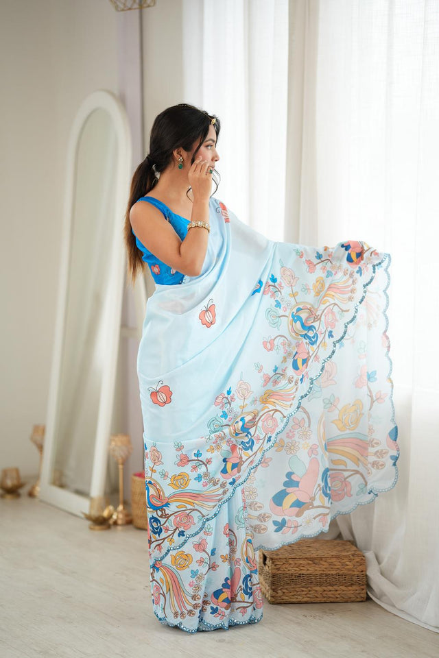 Blue Floral Printed with Mirror Border Chinon Saree (ACA9679)