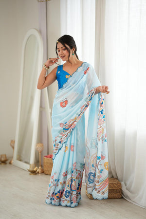 Blue Floral Printed with Mirror Border Chinon Saree (ACA9679)