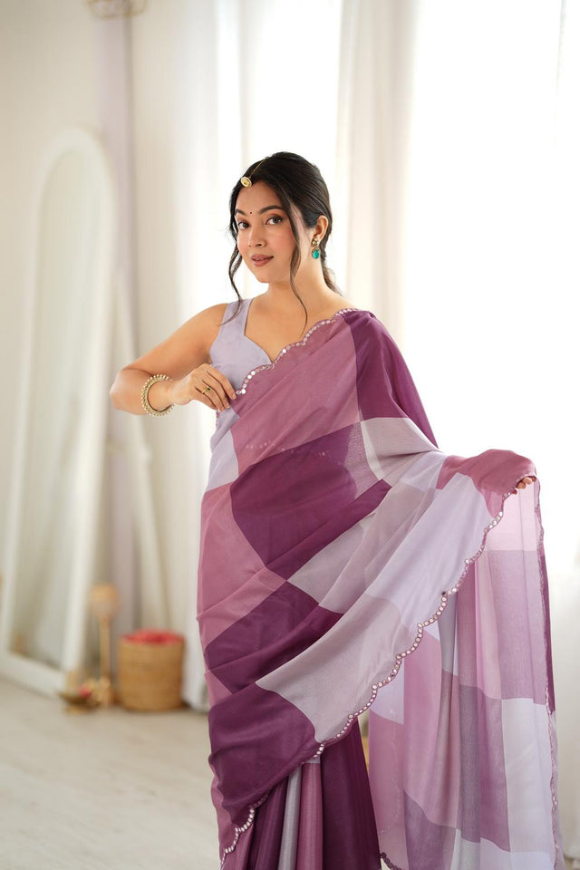Multi Color Printed with Mirror Border Chinon Saree (ACA9680)
