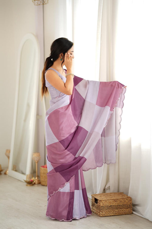 Multi Color Printed with Mirror Border Chinon Saree (ACA9680)