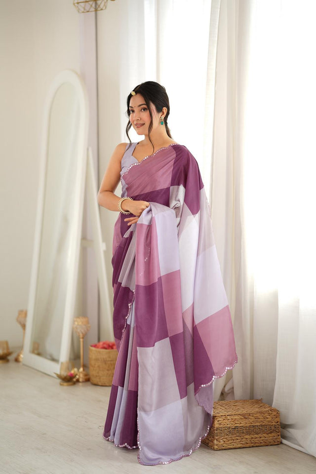 Multi Color Printed with Mirror Border Chinon Saree (ACA9680)
