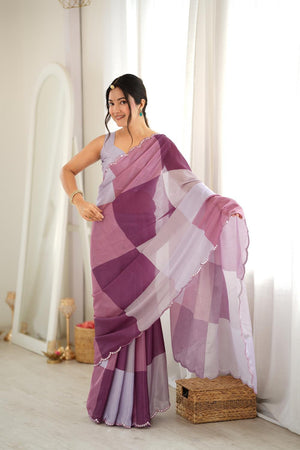 Multi Color Printed with Mirror Border Chinon Saree (ACA9680)
