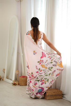Cream Animal Printed with Mirror Border Chinon Saree (ACA9681)