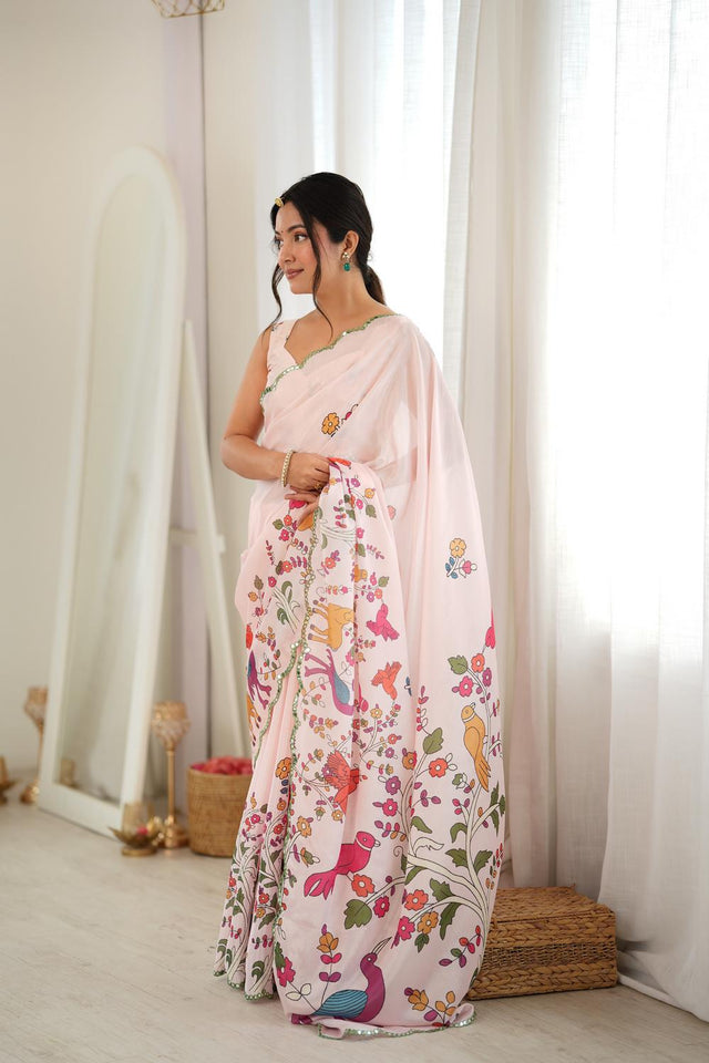 Cream Animal Printed with Mirror Border Chinon Saree (ACA9681)