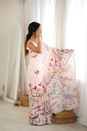 Cream Animal Printed with Mirror Border Chinon Saree (ACA9681)